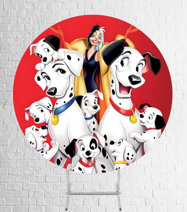Painel De Festa Redondo 101 Dalmatas Em Tecido Helanca C/Elástico 1,50x1,50