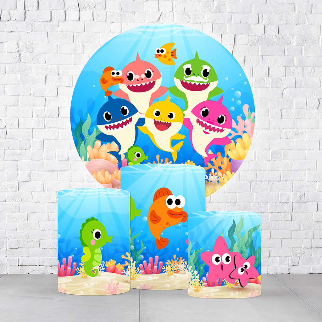 Kit Painel De Festa Baby Shark + Trio De Cilindros Em Tecido