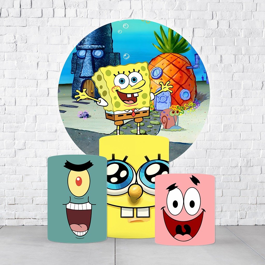 Kit Painel De Festa Bob Esponja + Trio De Cilindros Em Tecido