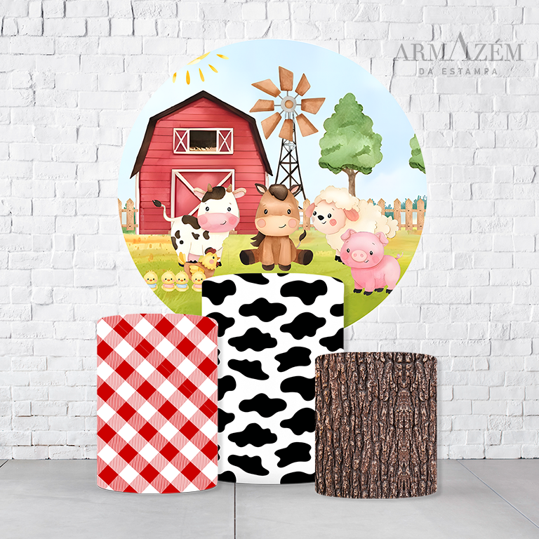 Kit Painel De Festa Fazendinha + Trio De Cilindros Em Tecido  KITPAI902