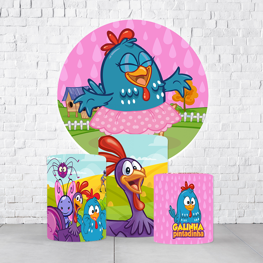 Kit Painel De Festa Galinha Pintadinha + Trio De Cilindros Em Tecido
