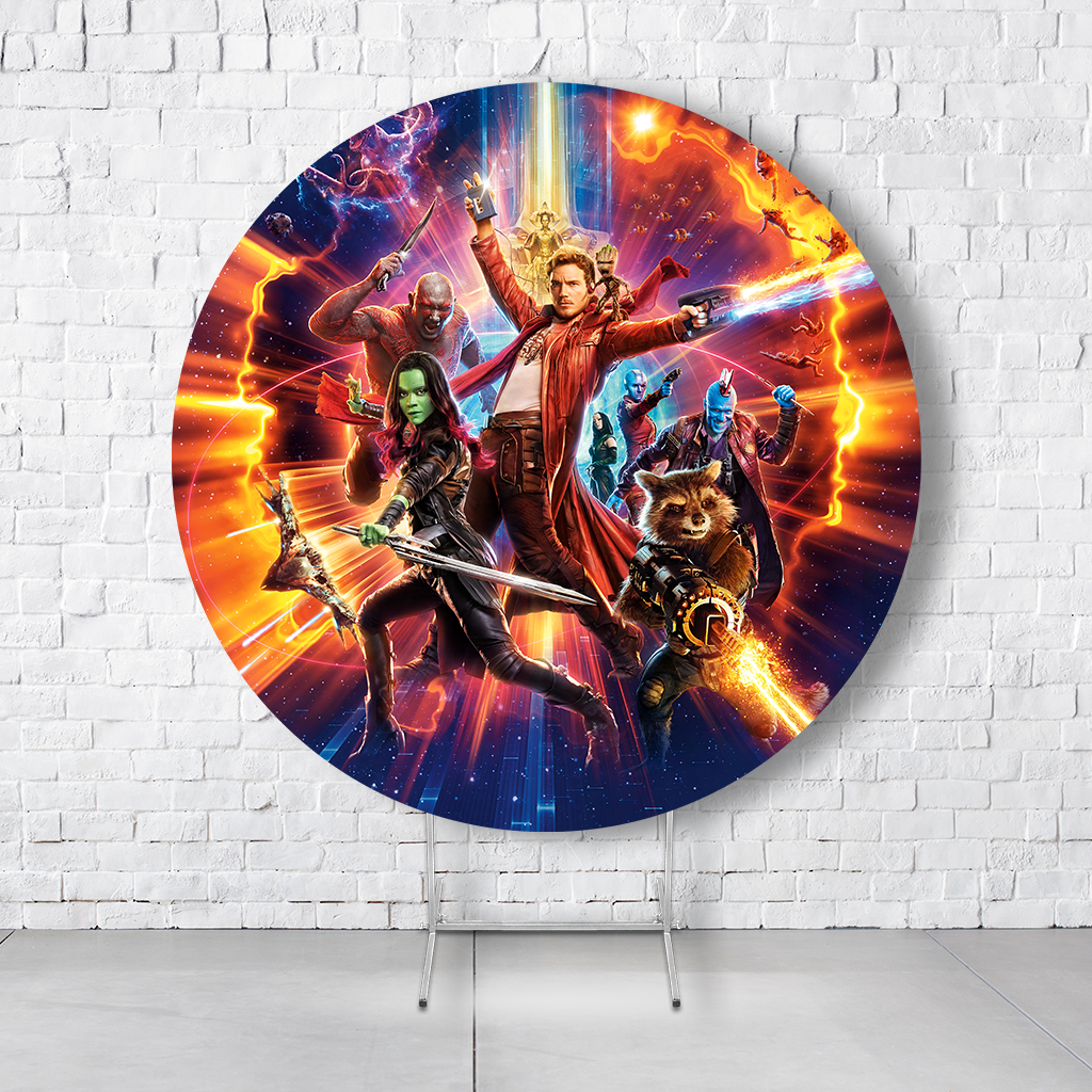 Painel De Festa Redondo Guardiões Da Galáxia Em Tecido Helanca C/Elástico 1,50x1,50