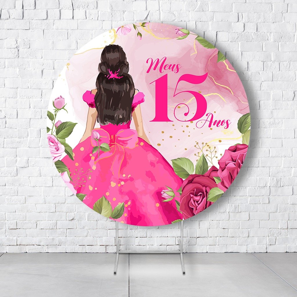 Painel De Festa Redondo 15 Anos Em Tecido Helanca C/Elástico 1,50x1,50 - Imagem 2