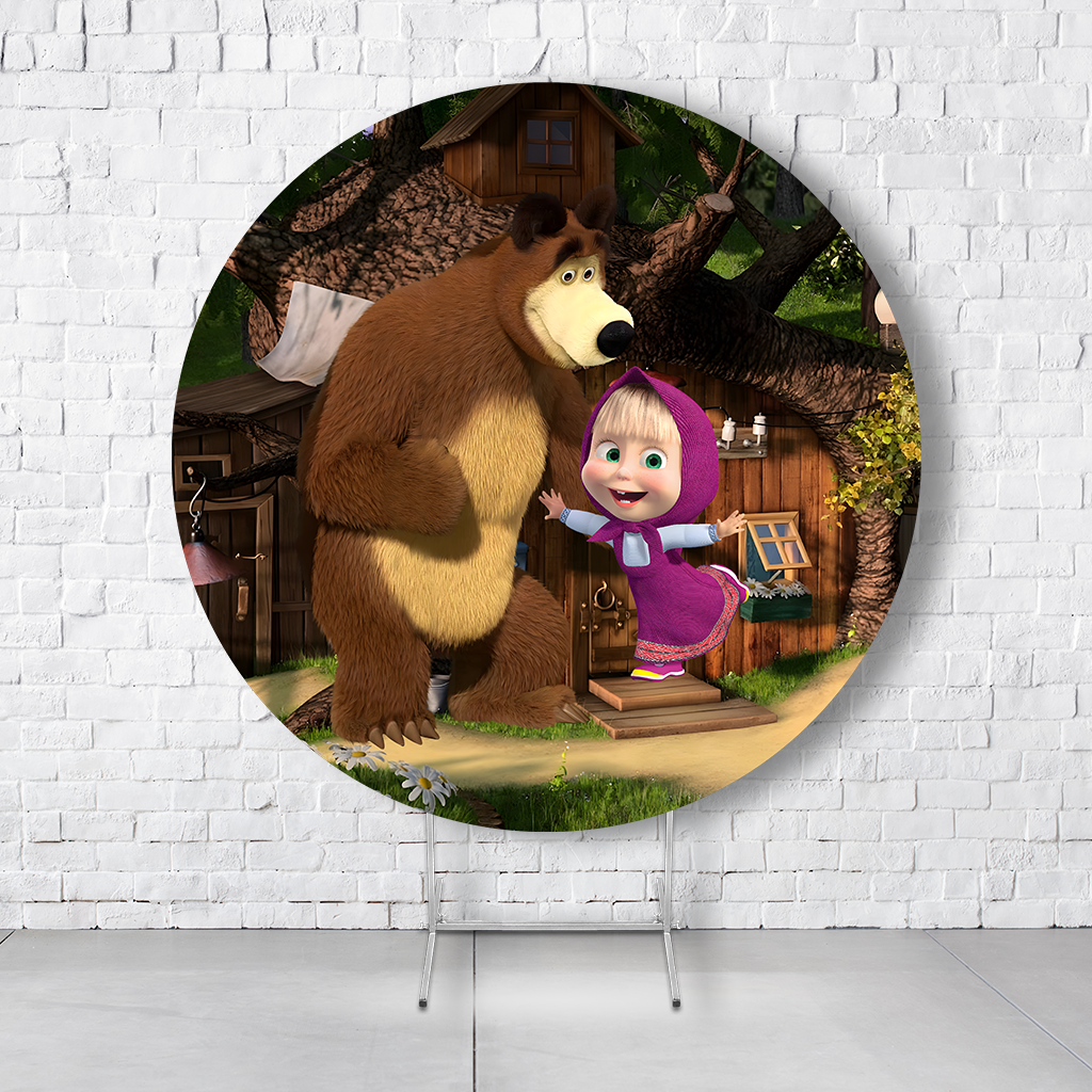 Painel De Festa Redondo Masha e o Urso Em Tecido Helanca C/Elástico 1,50x1,50