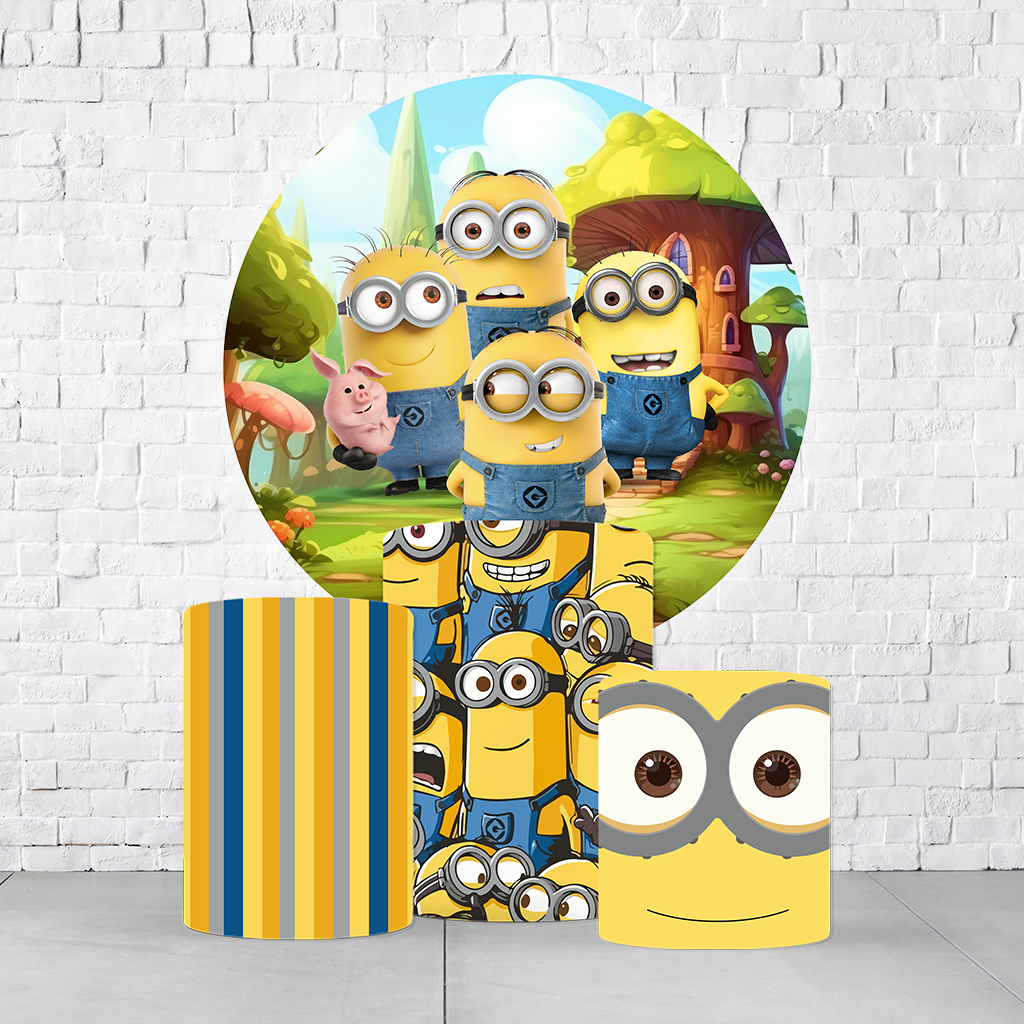 Kit Painel De Festa Minions + Trio De Cilindros Em Tecido