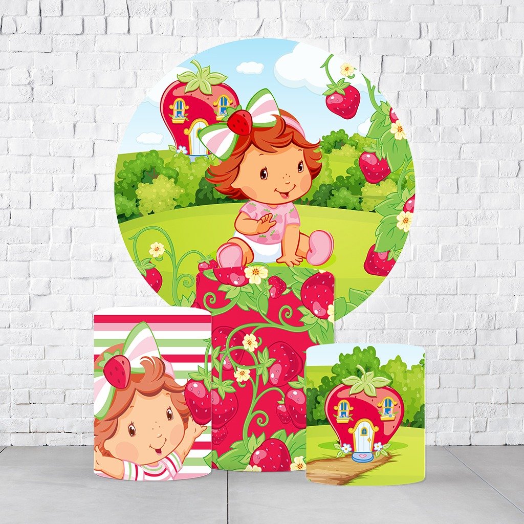Kit Painel De Festa Moranguinho + Trio De Cilindros Em Tecido  KITPAI450
