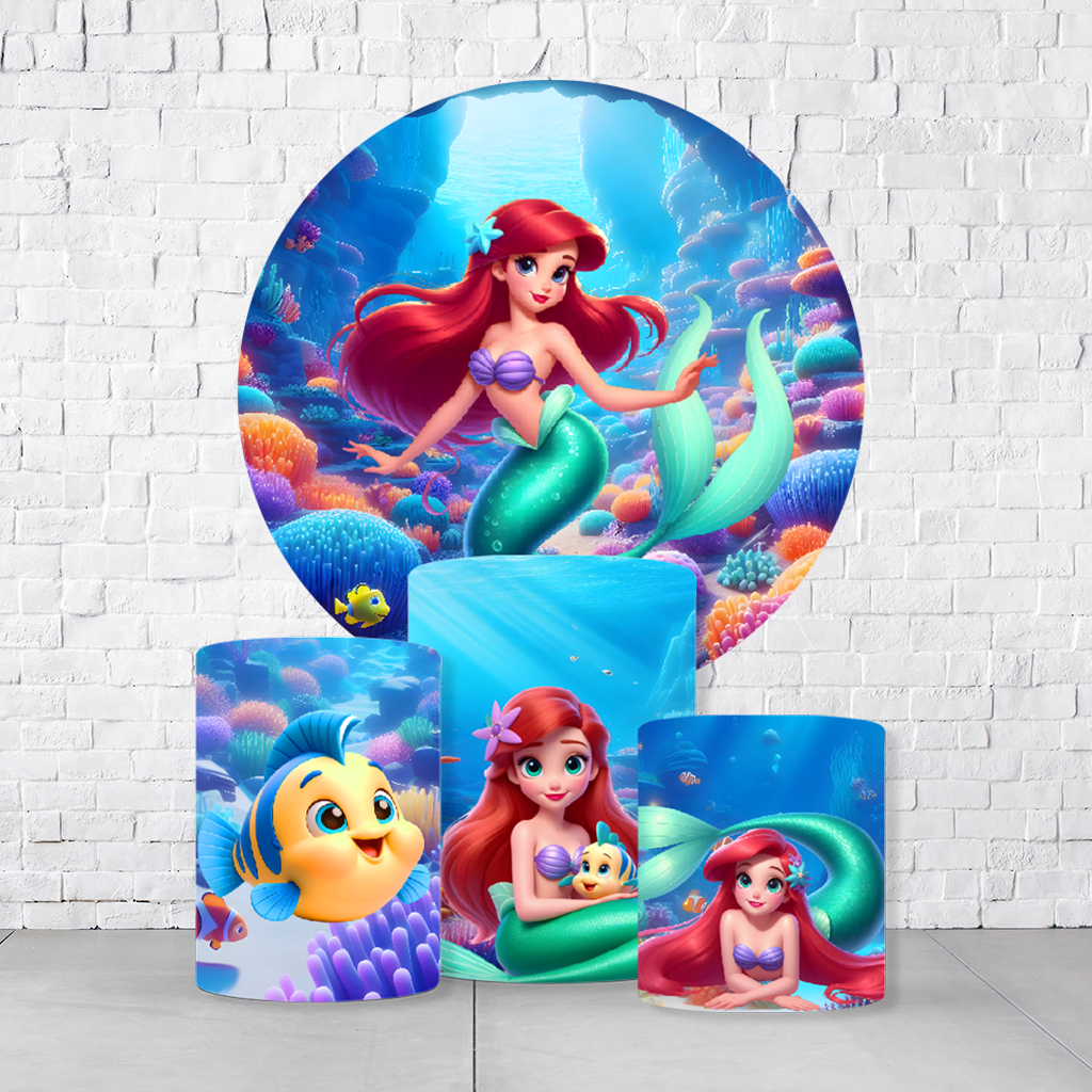 Kit Painel De Festa Pequena Sereia + Trio De Cilindros Em Tecido  KITPAI545