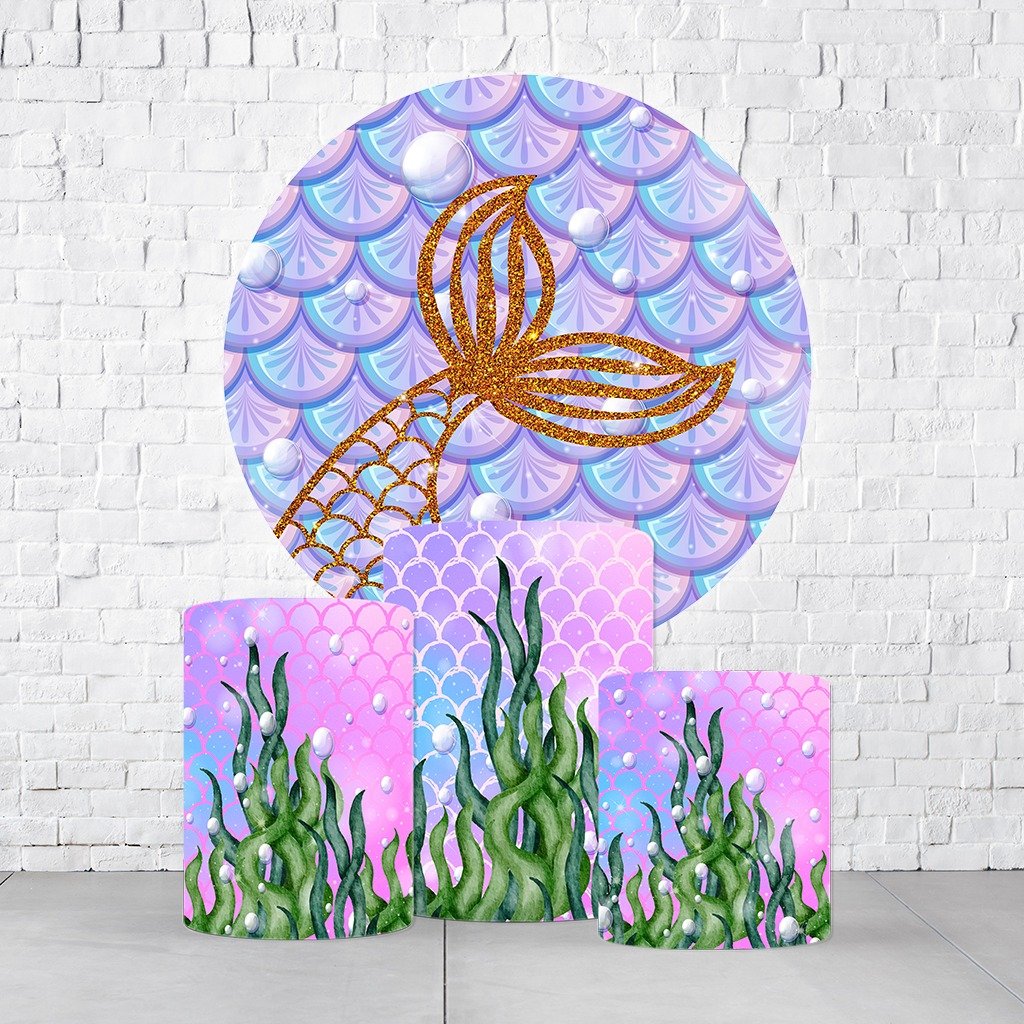 Kit Painel De Festa Sereinha + Trio De Cilindros Em Tecido