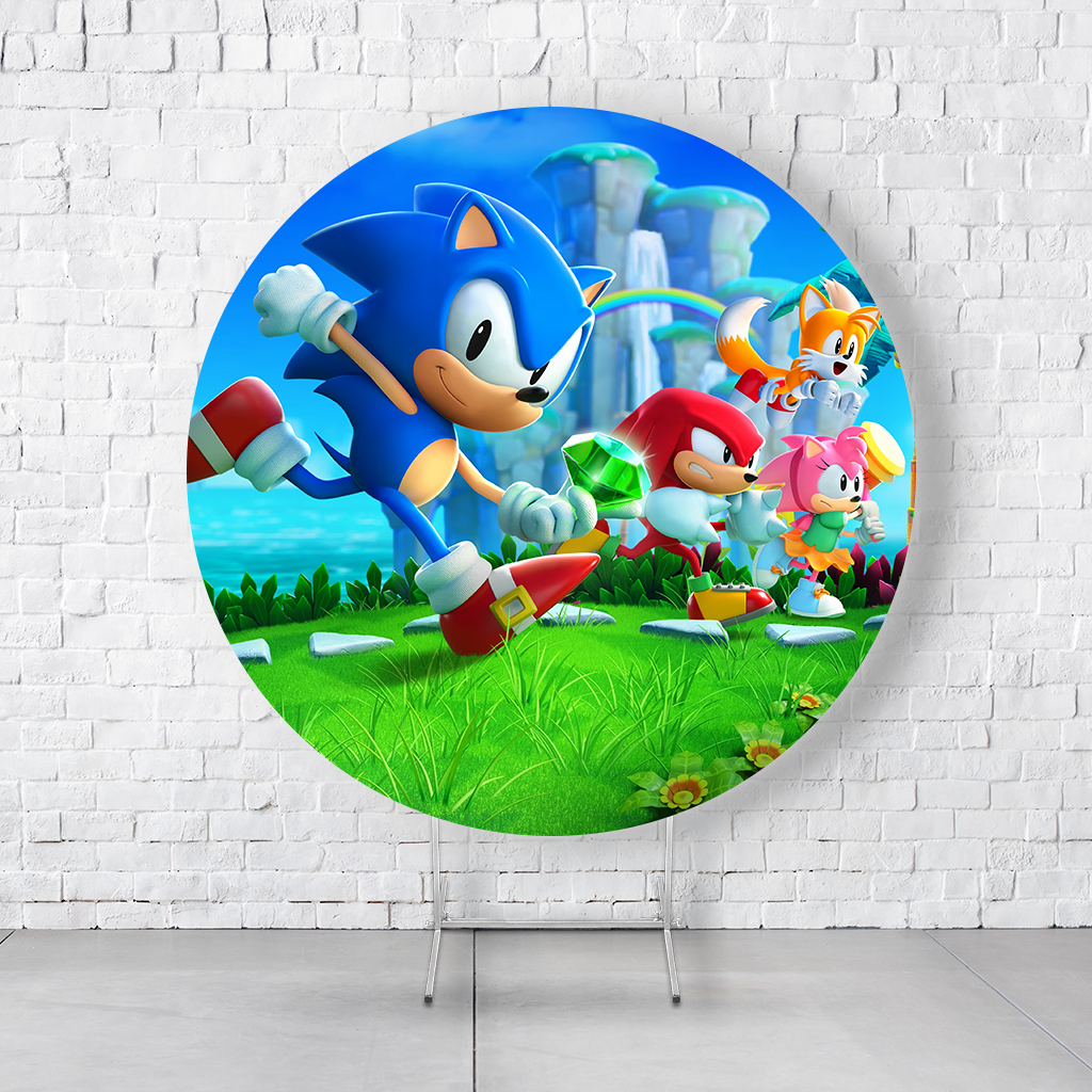 Painel De Festa Redondo Sonic Em Tecido Helanca C/Elástico 1,50x1,50 - Imagem 2