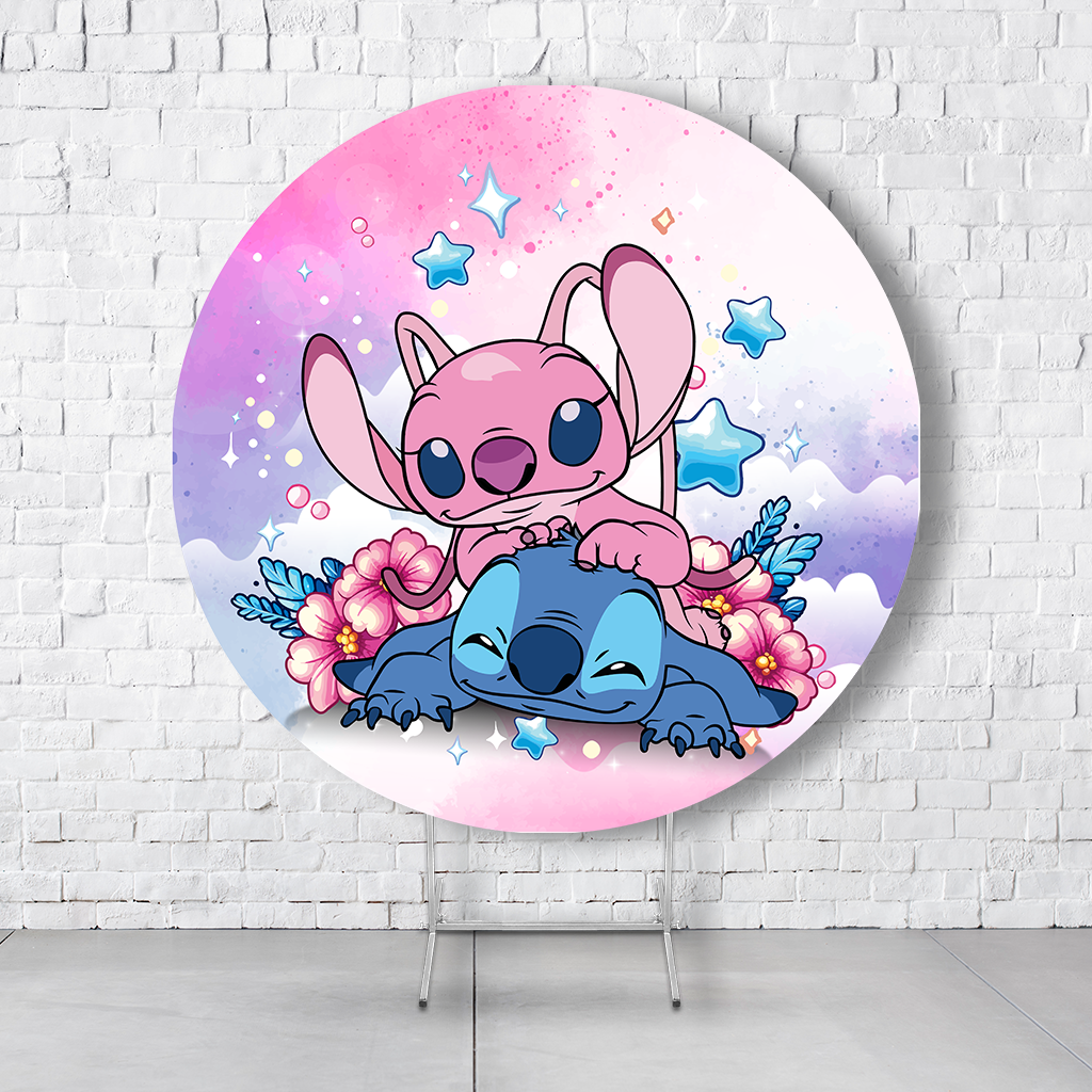 Painel De Festa Redondo Stitch e Angel Em Tecido Helanca C/Elástico 1,50x1,50  PAINEL449