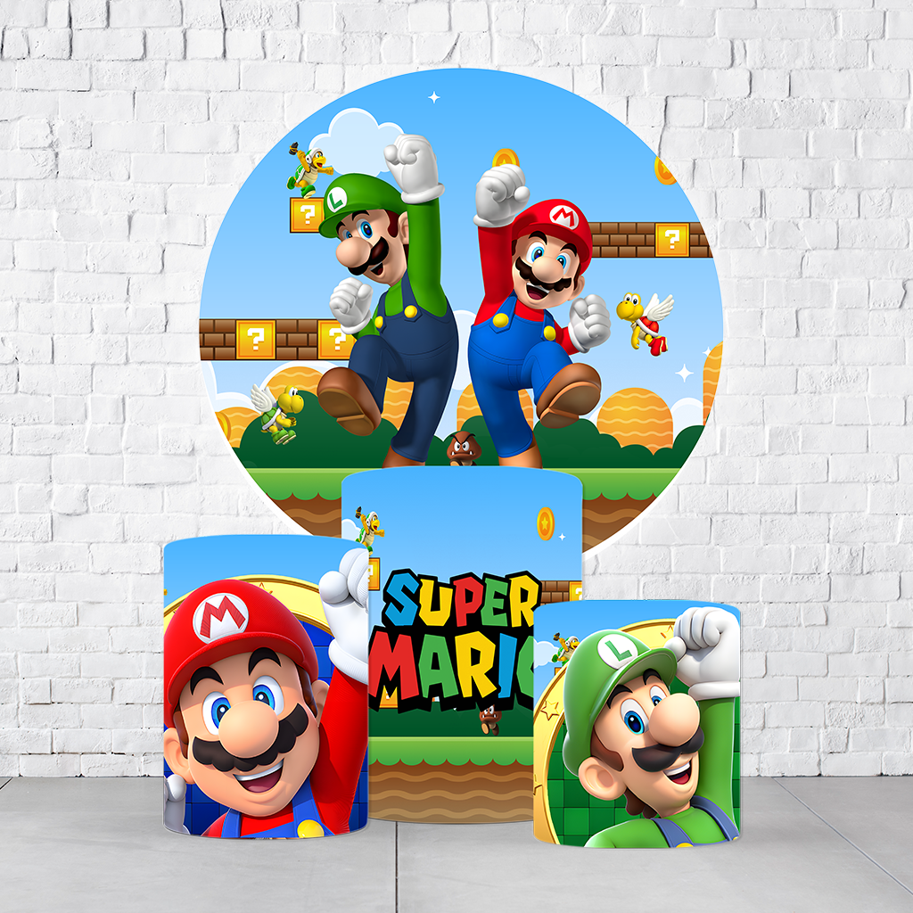 Kit Painel De Festa Super Mario + Trio De Cilindros Em Tecido
