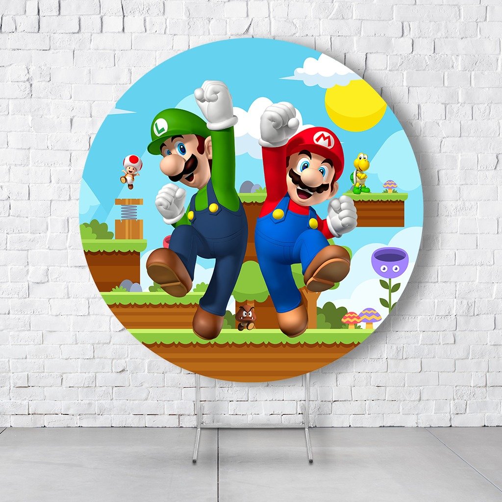 Painel De Festa Redondo Super Mario Em Tecido Helanca C/Elástico 1,50x1,50 - Imagem 2