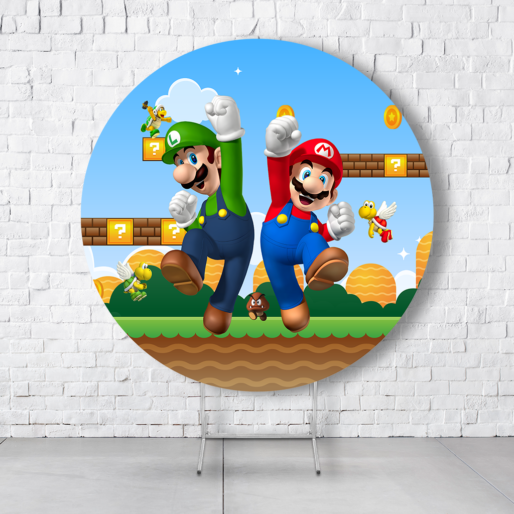 Painel De Festa Redondo Super Mario Em Tecido Helanca C/Elástico 1,50x1,50