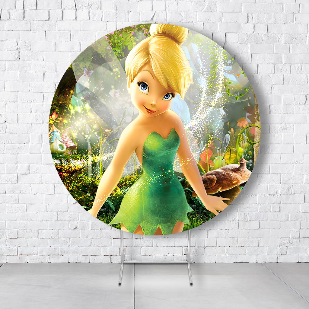 Painel De Festa Redondo Tinker Bell Em Tecido Helanca C/Elástico 1,50x1,50
