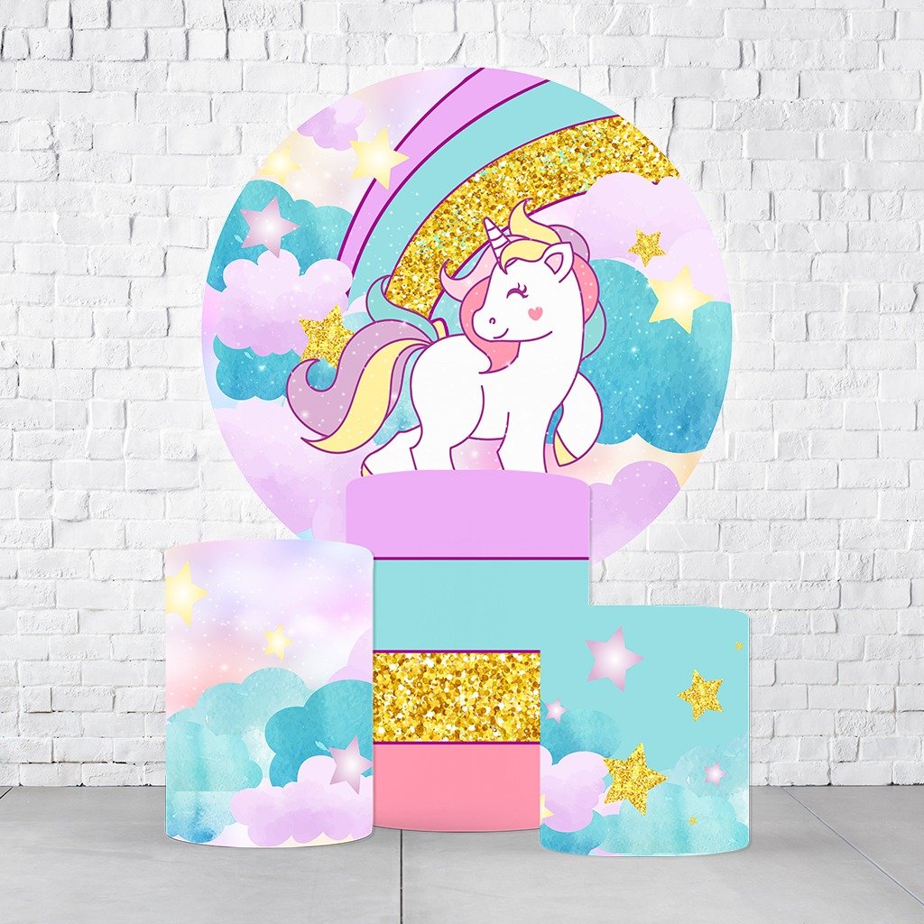 Kit Painel De Festa Unicórnio + Trio De Cilindros Em Tecido