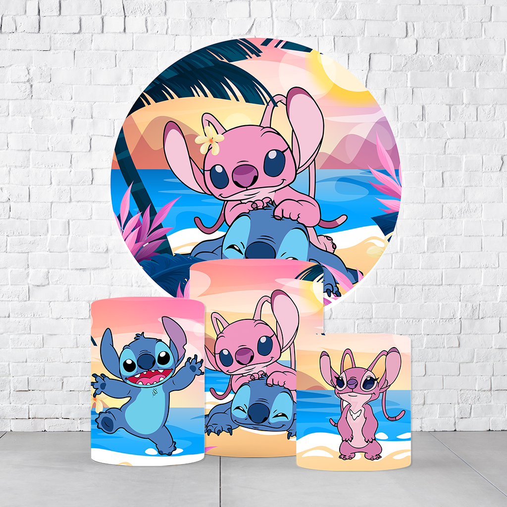 Kit Painel De Festa Stitch e Angel + Trio De Cilindros Em Tecido  KITPAI071 - Imagem 1